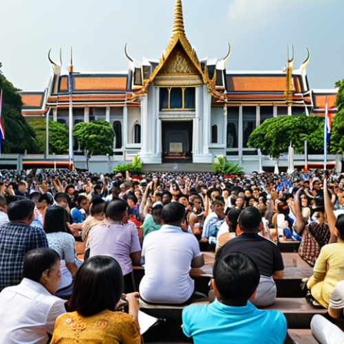 **

"Thai citizens participating in a public forum, expressing opinions on a proposed government policy. Focus on the diverse representation and engagement. Background: government building, Bangkok cityscape."

**