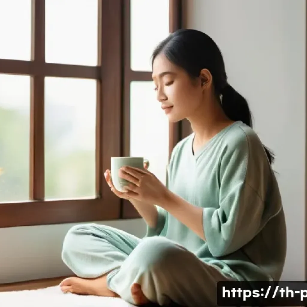 공공정책 전문가의 스트레스 관리 - **A Serene Moment of Self-Care:** A young Thai woman, dressed in comfortable, modest loungewear, is ...