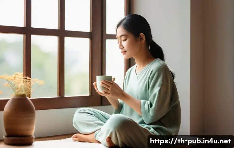 공공정책 전문가의 스트레스 관리 - **A Serene Moment of Self-Care:** A young Thai woman, dressed in comfortable, modest loungewear, is ...