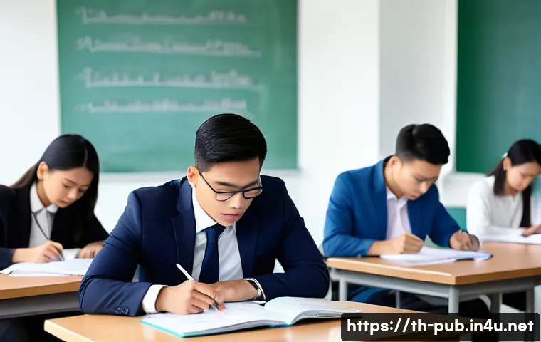 공공정책 실기 시험 준비법 - A professional Thai public policy exam setting showing a diverse group of adult students thoughtfull...