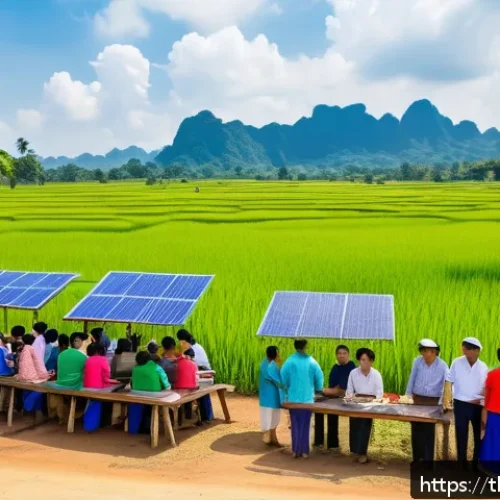Home 17 공공정책과 사회적 기업 사례 - A vibrant rural Thai community gathering outdoors under a bright blue sky, with men and women of var...