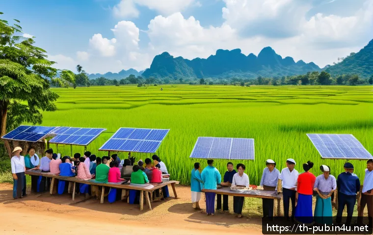 공공정책과 사회적 기업 사례 - A vibrant rural Thai community gathering outdoors under a bright blue sky, with men and women of var...